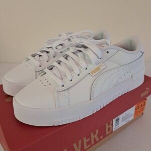 PUMA Womens Court Sneaker White Gold Logo Platform Shoes 1840720 Size 8.5